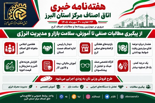  هفته‌نامه خبری اتاق اصناف مرکز استان البرز ۲۴ لغایت ۳۰ مهرماه ۱۴۰۵